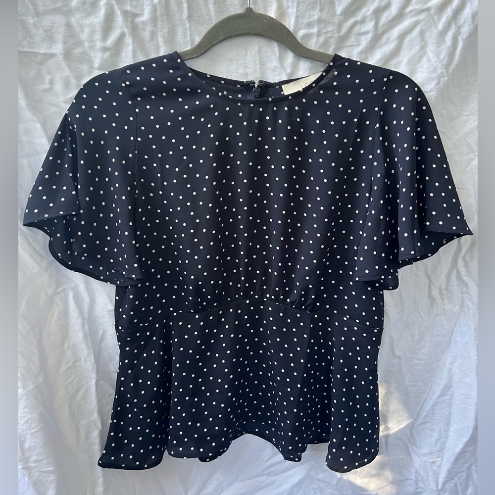 Loft navy polka dot flutter blouse